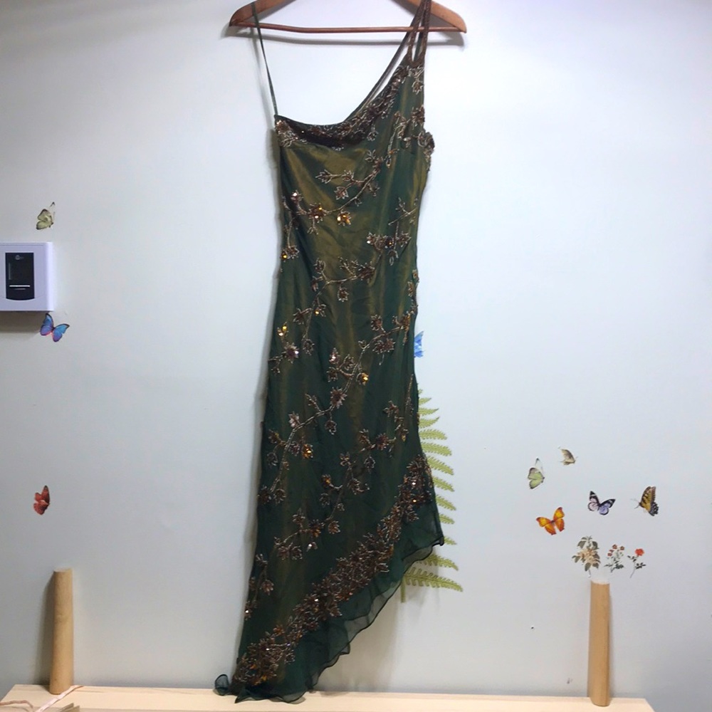 Silk beaded asymmetrical jewel green Scala dress